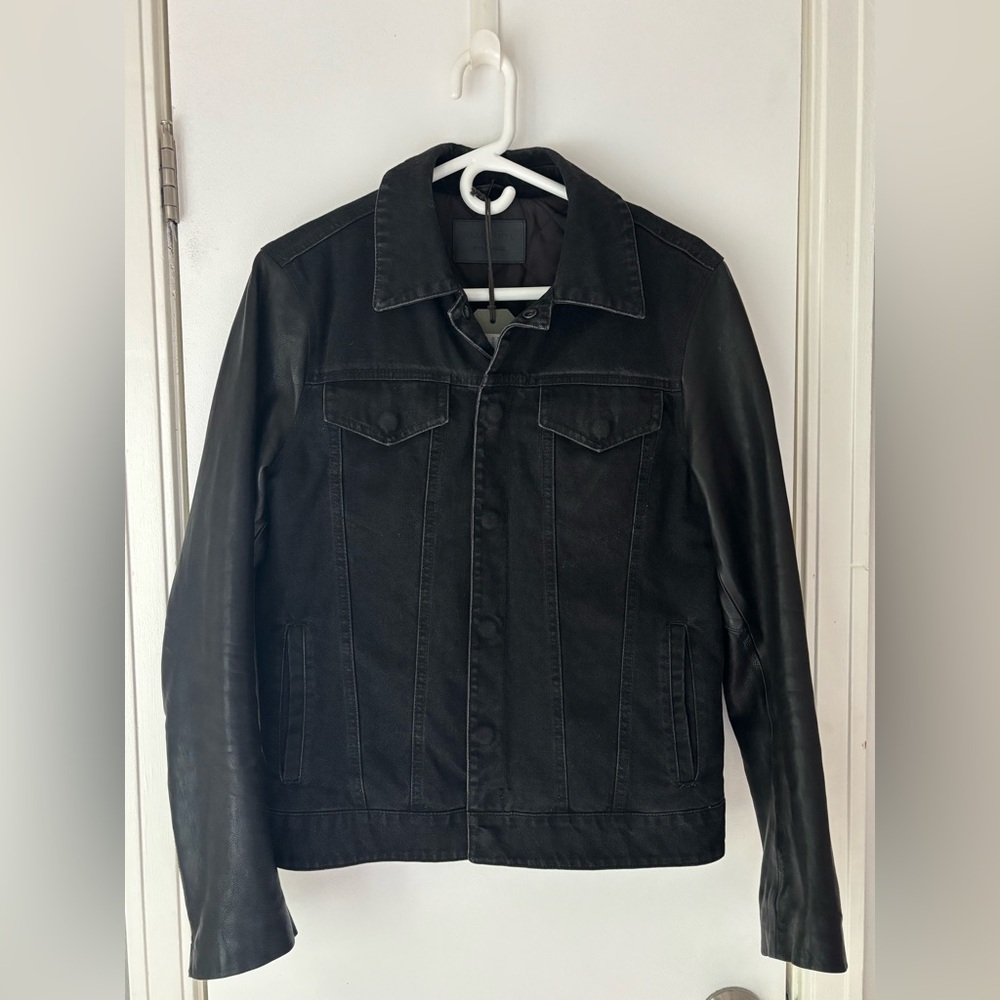 All Saints Mens Bennett Denim and Leather Quilted Jacket